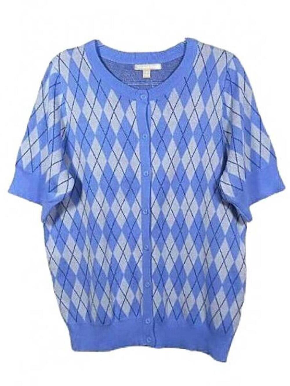 New Woman Within Purple Argyle Diamond Cardigan Sweater 14/16 Cotton Buttons XL